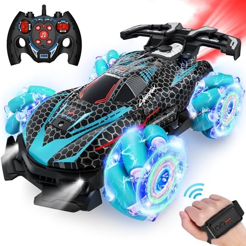 Best RC Car for 6 Year Old Gesture Sensing 2.4GHz 4WD Remote Control Stunt Car with 360° Rotating Lights Music Spray