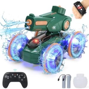 IQBOX Remote Control RC Water Jet Boat for Kids 6 12 Amphibious Stunt Car with LED Lights and Water Squirt Function