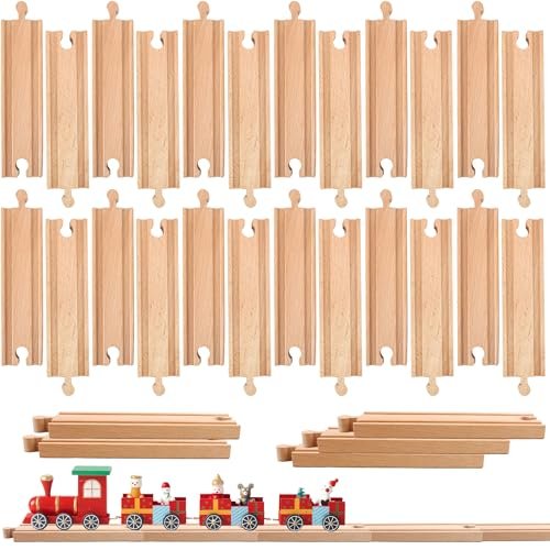 30 Pcs Wooden Train Track Bulk Straight RC Table Compatible Hardwood Expansion Packs for Toy Trains Railway Games