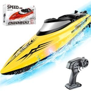 SNSUTY Remote Control Boat with LED Lights, 20+ MPH Fast, 2.4GHz High Speed Racing RC Boats for Lakes,Pool Toys for Kids & Adults, Summer Water Toys Birthday Gifts for Boys(Yellow)