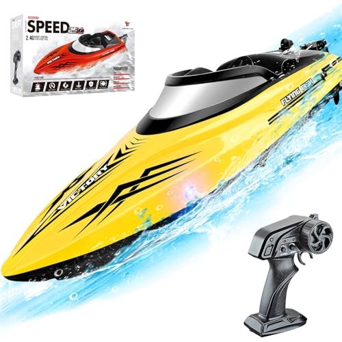 SNSUTY Remote Control Boat with LED Lights, 20+ MPH Fast, 2.4GHz High Speed Racing RC Boats for Lakes,Pool Toys for Kids & Adults, Summer Water Toys Birthday Gifts for Boys(Yellow)