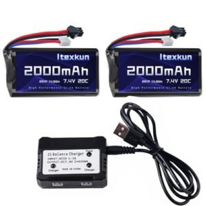 Itexkun 7.4V 2000mAh Li-ion Battery SM-2P Plug High Capacity for WPL C24 MN D90 RC Car H101 H103 H105 RC Boat with 7.4v Balance Charger