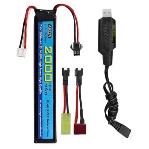 AMZZN 7.4V 35C 2000mAh Lithium Battery with SM 2P Plug for SRB1200 SRB400 SRB400 SUB MP5K M4 M110 Toy Guns RC Cars Drones Includes 1 Battery and 1 USB Charger