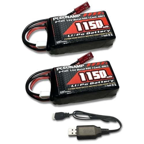 PCEONAMP 2S Lipo Battery 1150mAh 7.4V Burst 40C with JST Plug Rechargeable High Capacity RC 7.4V Lipo Battery for RC Cars A949 A959 or 1/18 Scale RC Cars Trucks with USB Charger 2packs