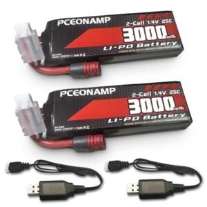 PCEONAMP 2S Lipo Battery 3000mAh 25C with T Plug Rechargeable High Capacity RC 7.4V Battery Fit for RC Cars 1/10, 1/12, Scale RC Cars Trucks with 2 USB Chargers（2packs）
