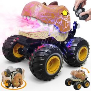 OPMIND Remote Control Dinosaur Monster Truck 2.4Ghz RC Stunt Cars for Kids with Spray Lights Music Perfect for RC Car Track Ideas
