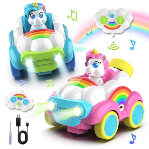Hangrui 2 Pack Destroying RC Cars Unicorn Toys for Ages 2 6 Toddler 2.4Ghz Remote Control Cars with Colored Lights Music and Sound