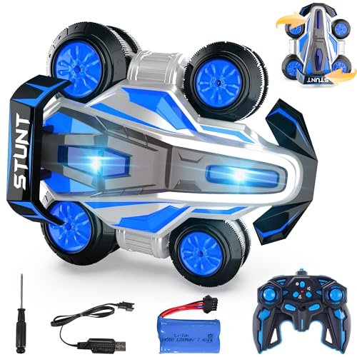 BEZGAR BSR RC Cars Upgraded Remote Control Vehicles for Kids 360 Spin Rotating Fast 4WD Upright Walking Stunt Car with LED Lights and Music 2.4Ghz Indoor Outdoor All Terrain Blue