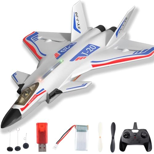 Amersis Remote Control Plane RTF J20 Fire Fang 2.4Ghz 6axis Gyro RC Jet Fire Fighter Toy Gift for Kids Beginner Stealth White