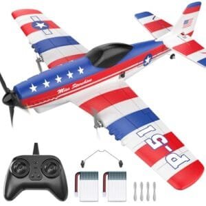 DEERC P51D Mustang RC Airplane 3 Channel 2.4GHz Remote Control Fighter Toy with 6 Axis Gyro Stabilizer and 2 Batteries for Adults Kids Beginners