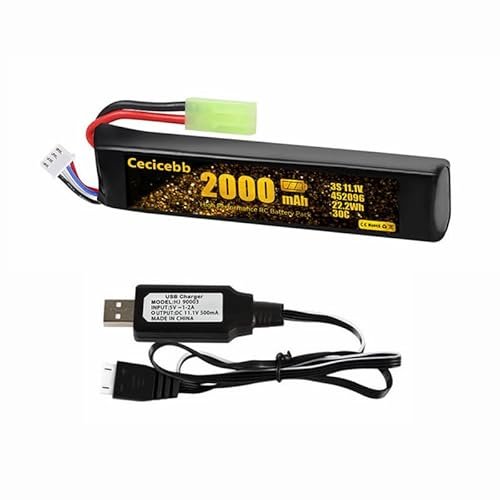 Cecicebb Airsoft Battery 11.1V Rechargeable 3S LiPo 2000mAh 30C with Mini Tamiya Connector for Airsoft Guns RC Cars and Drones Includes USB Charger