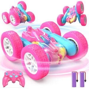 DEERC Rainbow Remote Control Car for Girls Pink RC Cars Toy with LED Lights 2.4 GHZ Double Sided RC Stunt Drift Car 360°Rotating All Terrain RC Crawler Gift for Kids 40+ Mins Running Time Find RC Willey Directions
