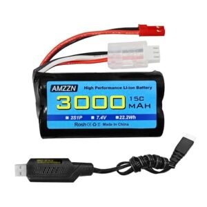 AMZZN 7.4V 3000mAh 15C 2S JST-2P Plug Li-ion Battery with USB Charging Cable for RC Car, Truck, Ship, Drone & Engineering Vehicle Backup Battery