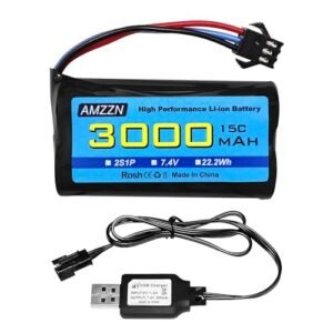 AMZZN 7.4V 3000mAh 15C 2S SM-3P Plug Li-ion Battery with USB Charger for DE43 DE60 9500E RC Cars and Trucks Huina 1575 RC Engineering Vehicle RC Toy Backup Car Battery