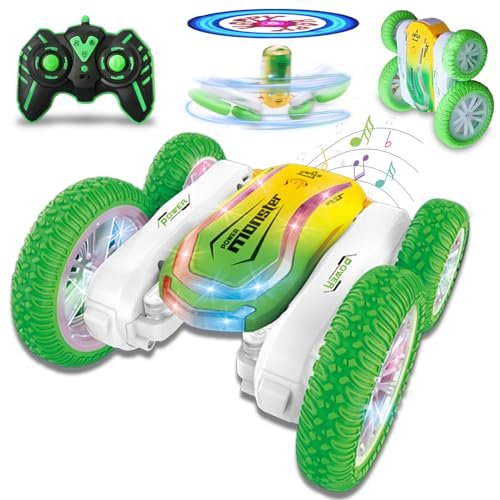 OSQI LED Remote Control Car for Kids Double Sided Fast RC Car with 360 Rotating Headlights Music 2.4Ghz Indoor Outdoor Rechargeable Toy Car for Boys Age 3 7 8 12 Birthday Xmas Gift