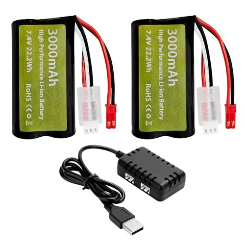 Sea Jump 2PCS 7.4V 3000mAh 15C 2S Li ion Battery with JST 2P Plug and 2in1 Charger for UDIRC RC Cars Trucks Boats Drones
