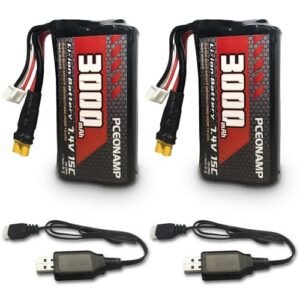 PCEONAMP 7.4V 3000mAh Li ion Battery 2S with XT30 Plug for Huina 580 582 583 594 Remote Control Excavator Includes 2 USB Charger Cables