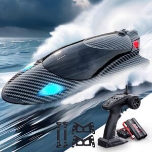 VOD VISUAL RC Water Jet Boat with LED Light 35KMH High Speed Remote Control Boat for Kids and Adults Includes 2 Batteries 24GHz Summer Water Toy