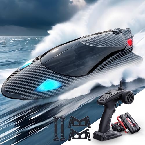 VOD VISUAL RC Water Jet Boat with LED Light 35KMH High Speed Remote Control Boat for Kids and Adults Includes 2 Batteries 24GHz Summer Water Toy