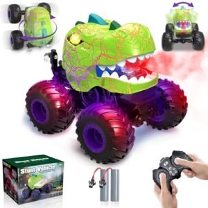 Dinosaur Remote Control Car RC Stunt Car 2.4Ghz 360° Rotating Dinosaur Monster Truck Toys with Spray Light Sound All Terrain RC Car with 2 Batteries for Boys Girl 3-5 6 7 8-12 Adult Kids Gift