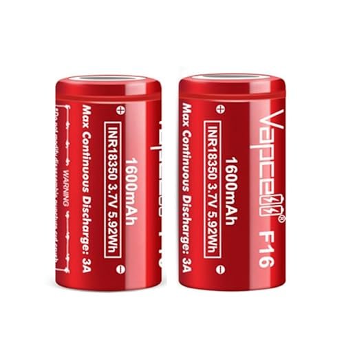 Cecicebb Vapcell Flat Top 18350 3.7v 1600mah 3A Discharge High Drain IMR Li on Rechargeable Lithium Battery 2 Pack