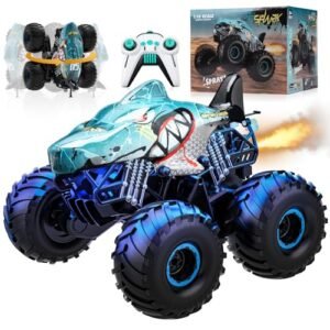 PULIOU Gas Powered RC Trucks 2.4Ghz Remote Control Shark Car with Spray Light Music 360 Stunt Capable All Terrain Monster Trucks for Kids Boys Ages 7 12