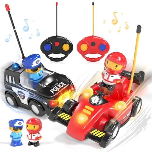 Lehoo Castle 2 Pack RC Drag Race Cars for Toddlers Police and Race Car Set with Realistic Sounds and Lights