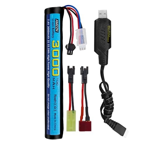 AMZZN 7.4V 3000mAh Li ion Battery with USB Charging Cable for Airsoft Guns RC Cars and Drones