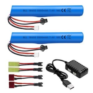 Fytoo 2PCS 7.4V 10C 3000mAh Lithium Battery with SM-2P Plug and 2-in-1 Charger for RC BB Gun Battleships and Toy Vehicles