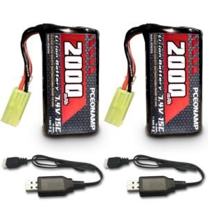 PCEONAMP 7.4V Li ion Battery 2000mAh 2S Rechargeable High Capacity RC Battery with 2 USB Charger Cable for Remote Control Boat