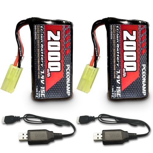 PCEONAMP 7.4V Li ion Battery 2000mAh 2S Rechargeable High Capacity RC Battery with 2 USB Charger Cable for Remote Control Boat