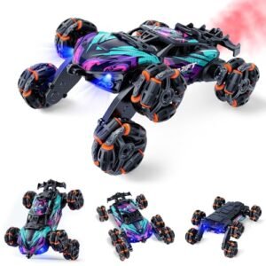 Veeniix 2370 Six Wheel RC Stunt Car with RC Drift Shocks 6WD Remote Control Double Sided Driving 360 Flips Rotating Spray and Light Effects Toys for Kids Ages 8 13