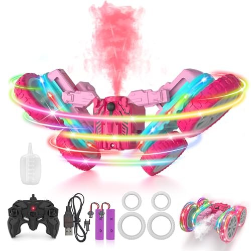 Newcrave Big Off Road RC Trucks for Girls Pink 2.4GHz Fast RC Stunt Car with Strip Light and Spray 4WD 360 Rotating Remote Control Toy