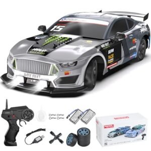 Dollox 1/16 Scale RC Drift Car with RC Drift Tires and Rims 2.4GHz 4WD High Speed 18+KM/H LED Lights Spray 2 Batteries