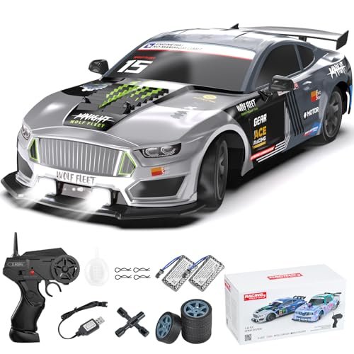 Dollox 1/16 Scale RC Drift Car with RC Drift Tires and Rims 2.4GHz 4WD High Speed 18+KM/H LED Lights Spray 2 Batteries