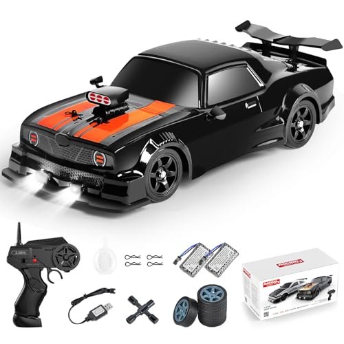 Fistone 2.4GHz 1/16 Scale 4WD RC Drift Car with Rubber RC Drift Tires LED Lights and 2 Batteries High Speed Racing Toy for Adults and Kids