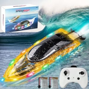 BUSYSIR 2.4GHz Remote Control Boat with RC Boat Water Intake System 20KPH Speed 2 Rechargeable Batteries 3 LED Light Modes 200 Feet Range Waterproof Yellow