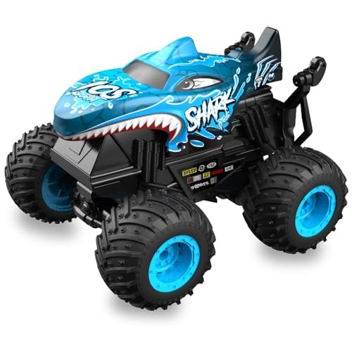 DDIOYIUR 1/20 TXT RC Truck Blue Shark Monster Toy for Kids with 2 4GHz Remote 2 Rechargeable Batteries Music Light Ages 3+