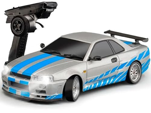 FLYCOLOR LD1899 1/18 RC Drift Car GTR R34 2.4GHz RWD with Gyroscope on-Road Alloy Body Shell Racing Cars Radio Control (Grey)