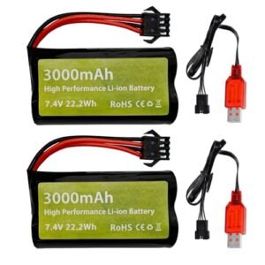 2PCS 7.4V 3000mAh 15C 2S SM 4P Plug Li ion Battery with USB Charger for EC08 DE85 RC Car Truck RC Ship Drone