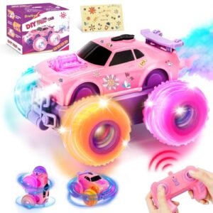 Drefirsa Hot Pink RC Cars 4WD Stunt Monster Truck with DIY Stickers Headlight and Flashing Wheel Lights for Girls Ages 4 8