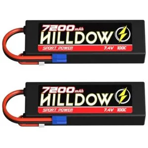Hilldow 2S Lipo Battery 7200mah 7.4V 100C HardCase with EC5 Plug for RC Vehicles 2 Packs