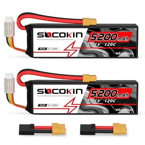 Socokin Lipo Battery 3S 5200mAh 120C 11.1V RC Battery with XT60 and TR Plug for DJI Quadcopter RC Plane Airplane Helicopter Car Truck Boat 2 Pack