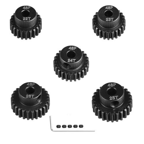 ADORLY 5-Pack 48P Hardened Steel Pinion Gears Set for 1/10 RC Cars - 22T, 23T, 24T, 25T, 26T with 3.175mm Shaft