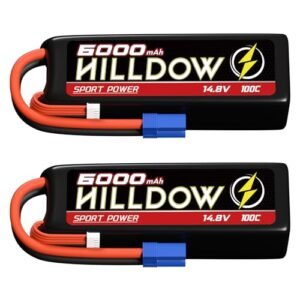 Hilldow 4S Lipo Battery 14.8V 100C 6000mAh with EC5 Plug RC Battery Softcase for RC Buggy Truggy 1/10 Scale RC Truck Crawler Monster RC Car Boat (2 Packs)
