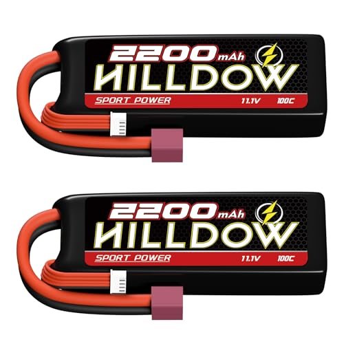 Hilldow 11.1V 2200mAh 3S Lipo Battery 100C with T Connector for RC Airplane Quadcopter Helicopter Drone FPV 2 Packs