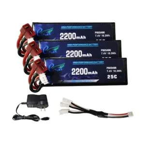 Skymaker WLtoys 7.4V 2200mAh 2S RC Car Battery, 25C Max to 50C Rechargeable Lipo Battery with T Connector for Most 1/14 1/12 1/10 Scale RC Car Boat with Battery Charger & 3in1 Cable (3 Pack)