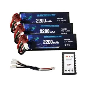Skymaker WLtoys 7.4V 2200mAh 2S RC Car Battery, 25C Max to 50C Rechargeable Lipo Battery with T Connector for Most 1/14 1/12 1/10Scale RC Car Boat with B3 Charger & 3in1 Cable (3 Pack)