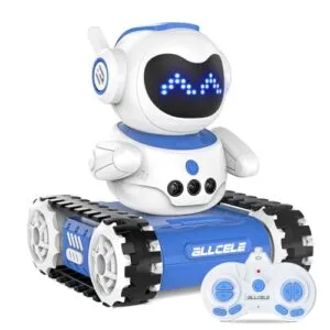 ALLCELE LED RC Robot Toy with RC Demo Derby Body Function for Boys and Girls Ages 3 8 Remote Control Programmable Music and LED Features Blue White