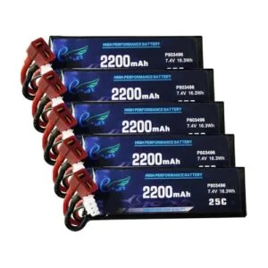 Skymaker WLtoys 7.4V 2200mAh 2S RC Car Battery 25C Max to 50C Rechargeable Lipo Battery with T Connector for 1/14 1/12 1/10 Scale RC Car Boat 5 Packs